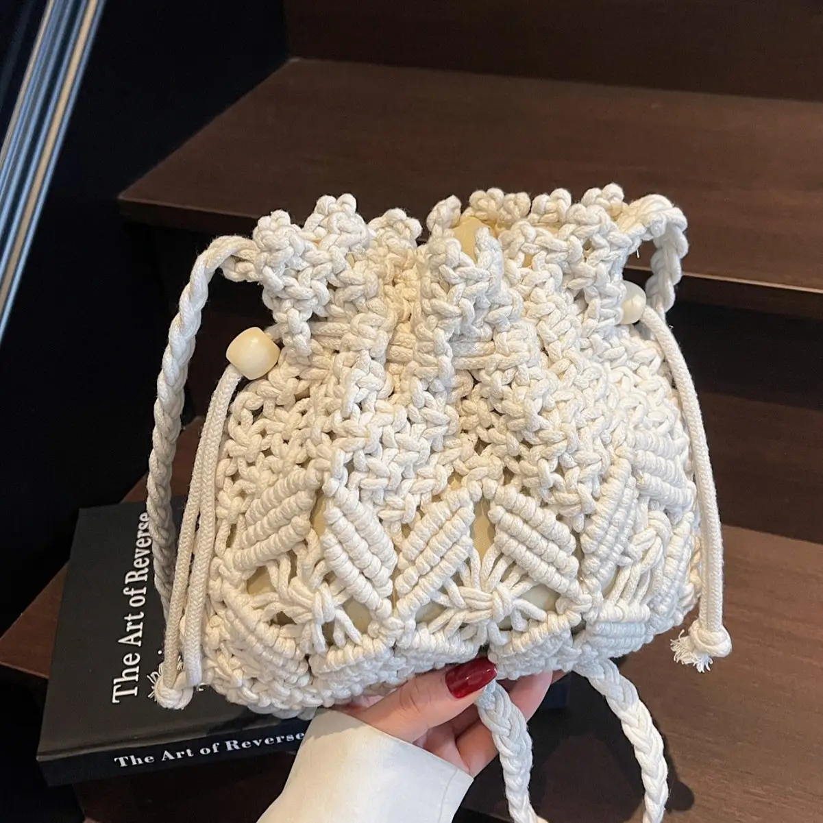 Retro Urban Crossbody Bag Women Cotton Rope Crochet Tan