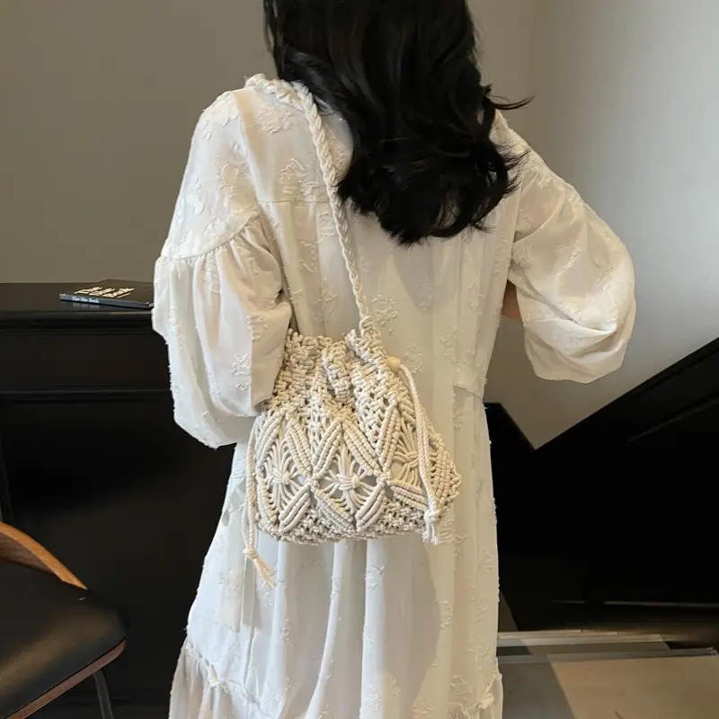 Retro Urban Crossbody Bag Women Cotton Rope Crochet Tan
