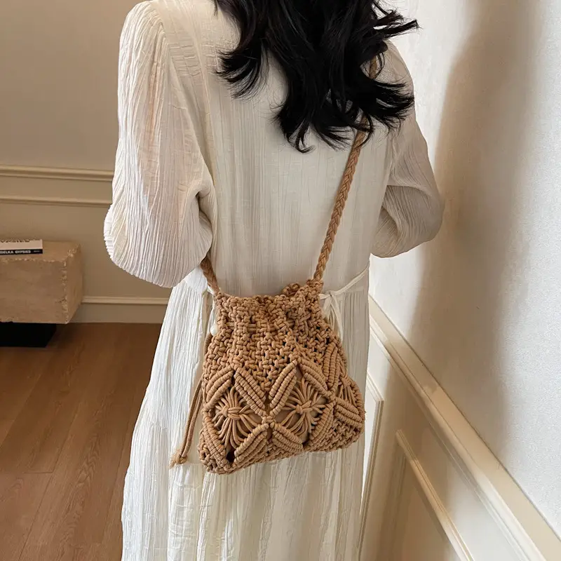 Retro Urban Crossbody Bag Women Cotton Rope Crochet Tan