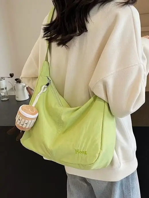 Women's Green Canvas Shoulder Bag 2025 Summer Lightweight Large Capacity