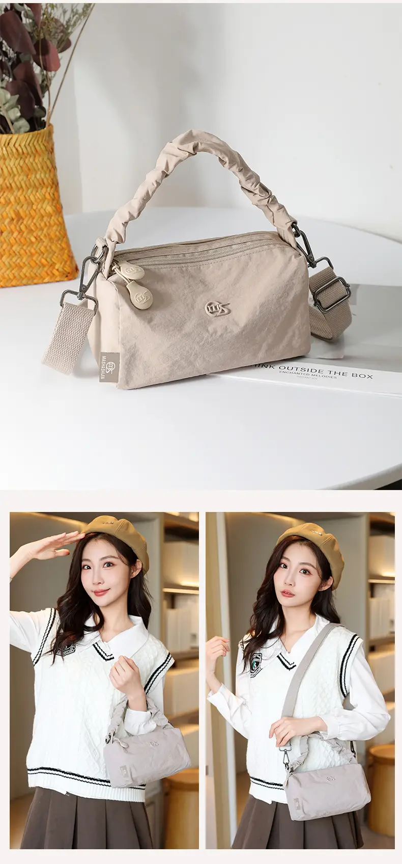 Women's Waterproof Nylon Shoulder Bag Beige — feature 8