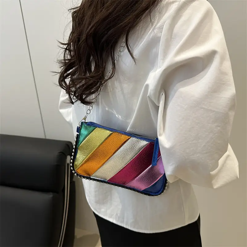 Rainbow Strip Shoulder Bag 2025 Korean Style Chain Crossbody - Image 4