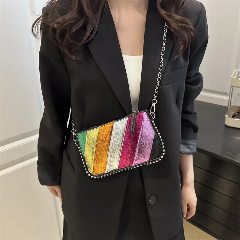 Rainbow Strip Shoulder Bag 2025 Korean Style Chain Crossbody - Image 5