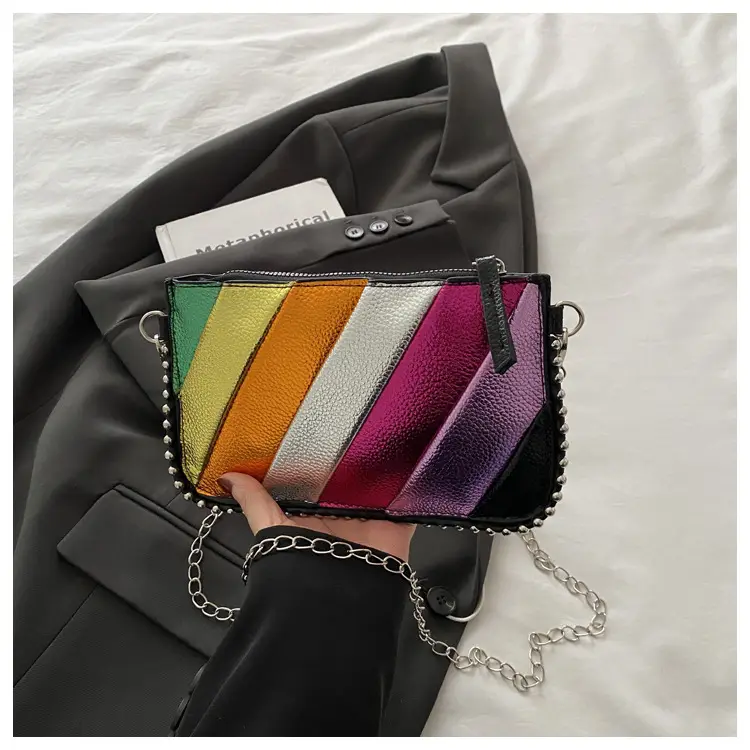 Rainbow Strip Shoulder Bag 2025 Korean Style Chain Crossbody - Image 2