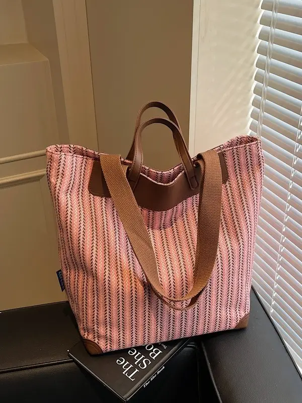 Women Striped Canvas Shoulder Bag 2025 Casual Commuter - Image 5