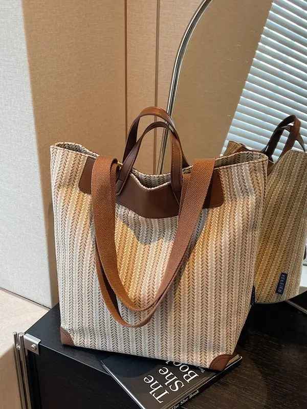Women Striped Canvas Shoulder Bag 2025 Casual Commuter - Image 6