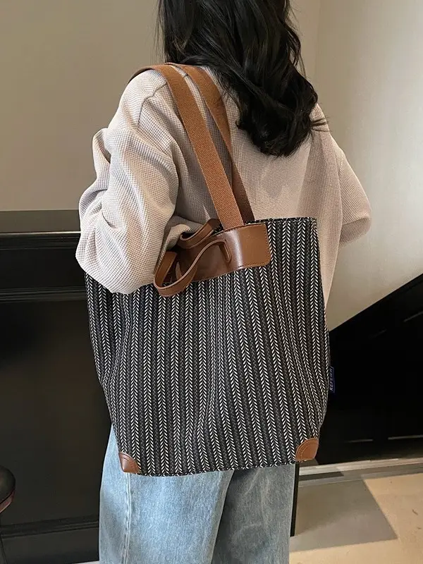Women Striped Canvas Shoulder Bag 2025 Casual Commuter - Image 7