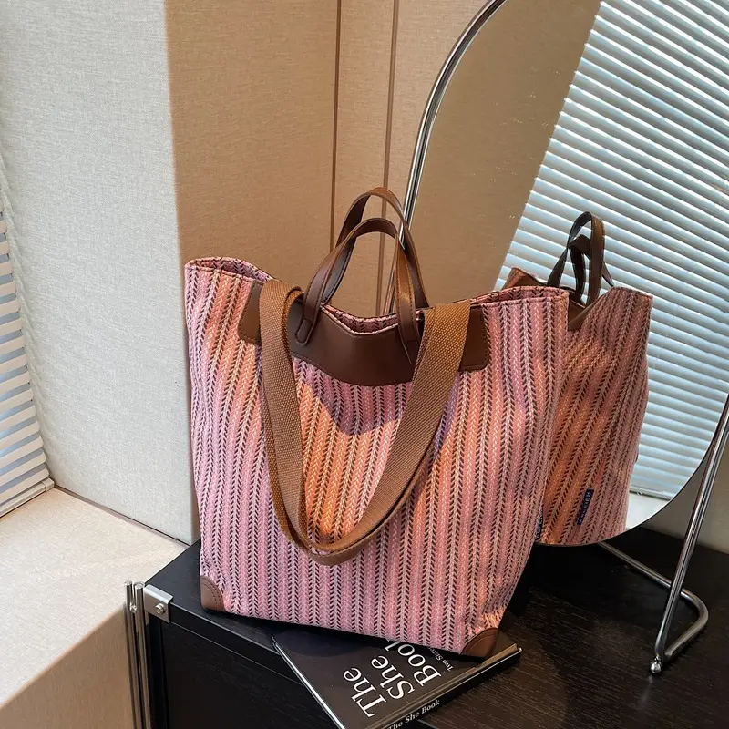 Women Striped Canvas Shoulder Bag 2025 Casual Commuter - Image 2