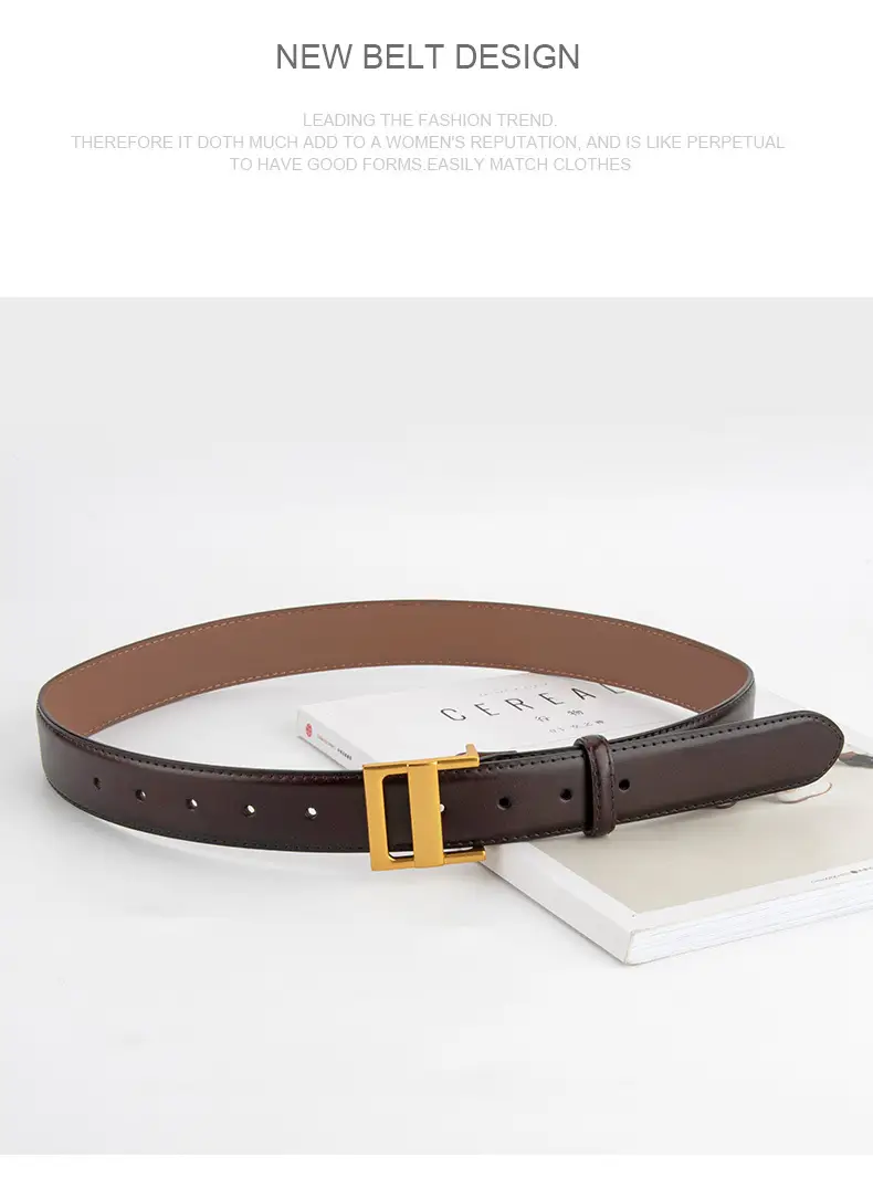 Women's Genuine Leather Waist Belt Coffee Gold Buckle — feature 13