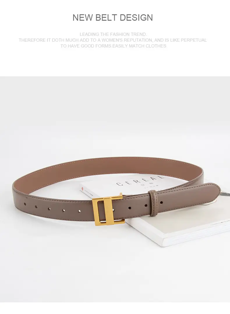 Women's Genuine Leather Waist Belt Coffee Gold Buckle — feature 14