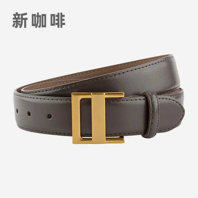 Women's Genuine Leather Waist Belt Coffee Gold Buckle - Image 10