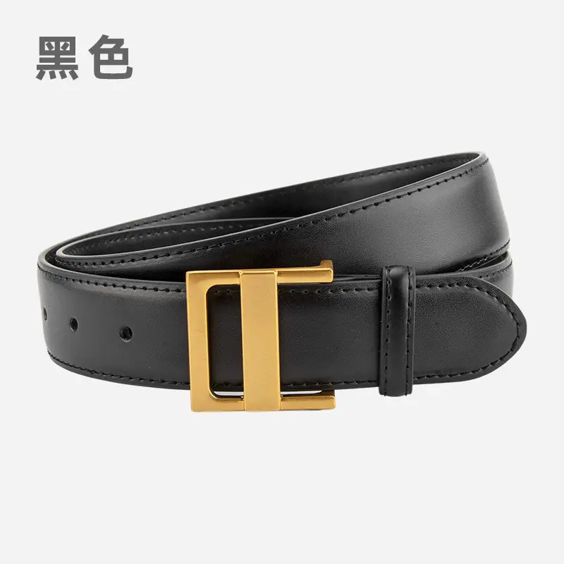 Women's Genuine Leather Waist Belt Coffee Gold Buckle - Image 2