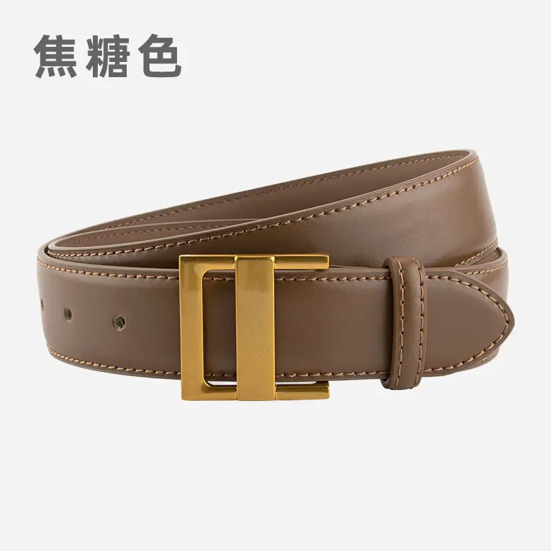 Women's Genuine Leather Waist Belt Coffee Gold Buckle - Image 4