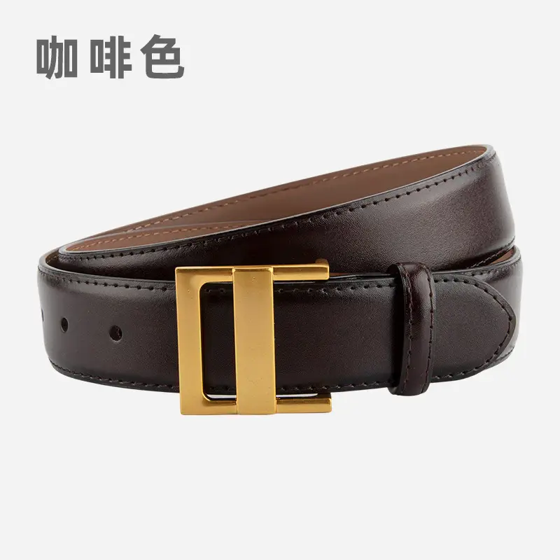 Women's Genuine Leather Waist Belt Coffee Gold Buckle - Image 5