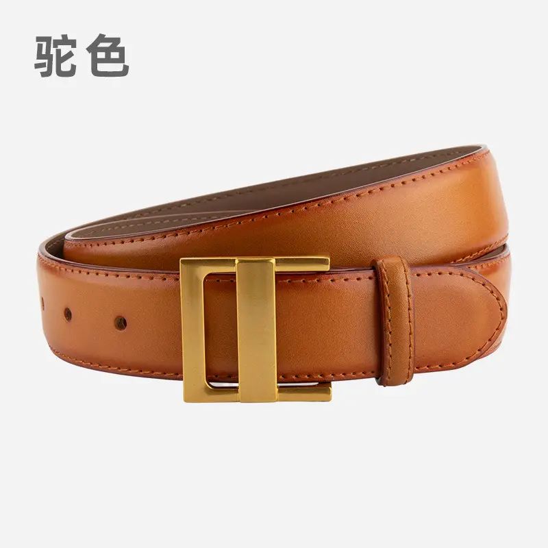 Women's Genuine Leather Waist Belt Coffee Gold Buckle - Image 9