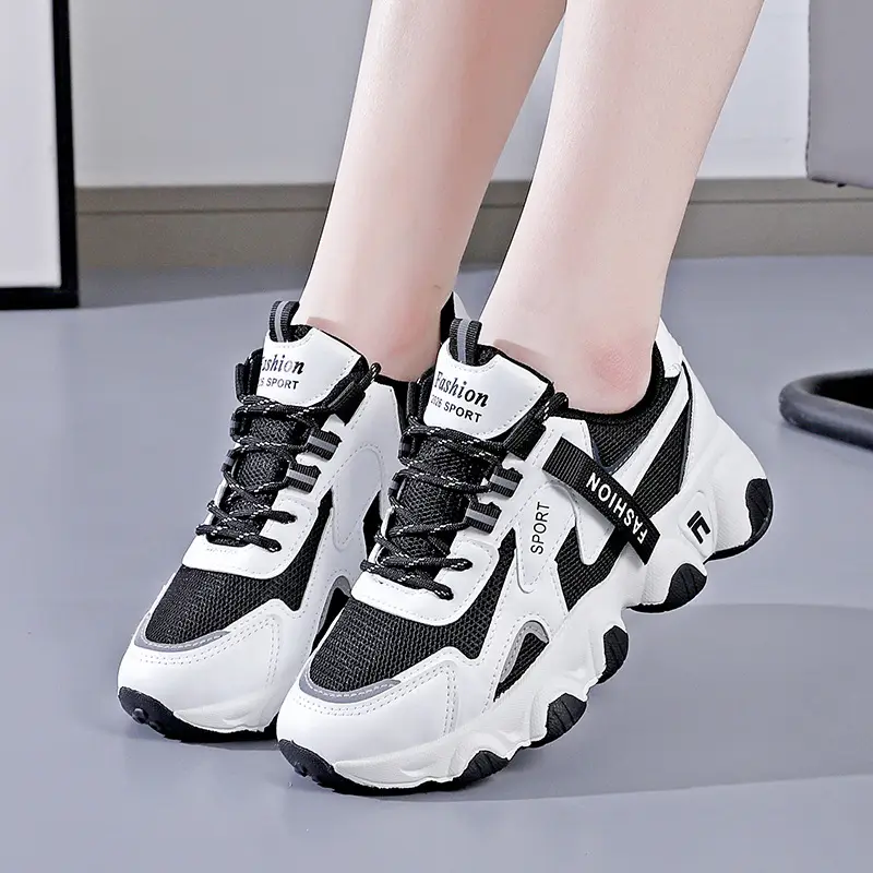 2025 Women's Black White Mesh Running Sneakers with Thick Sole - Image 6