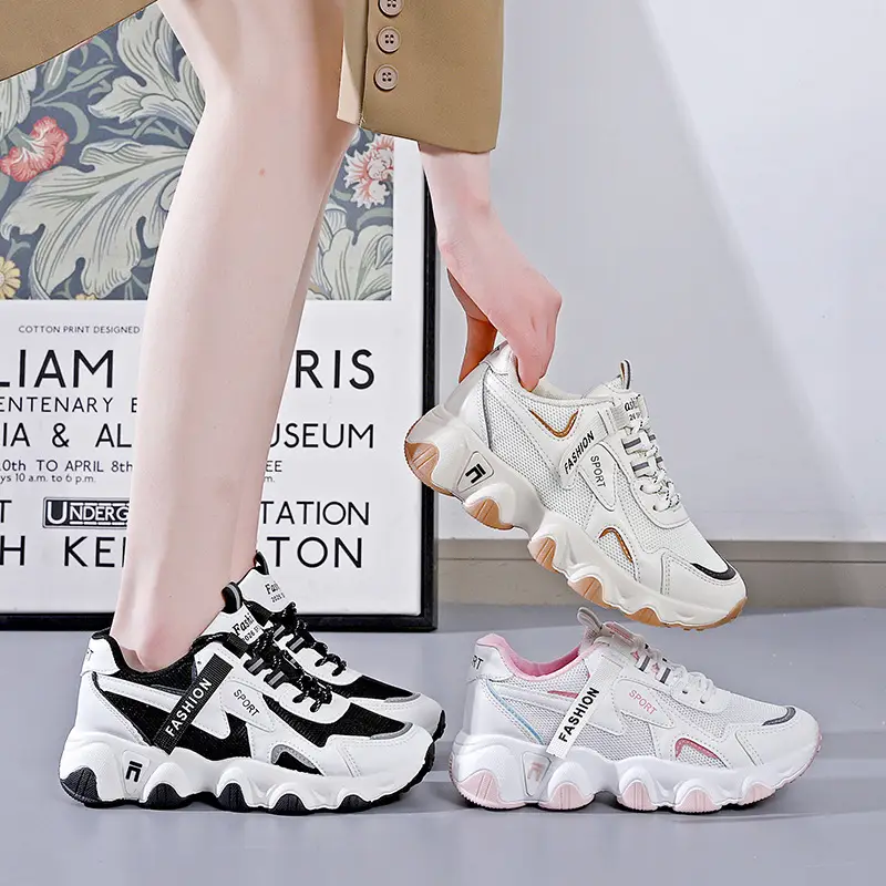 2025 Women's Black White Mesh Running Sneakers with Thick Sole - Image 7