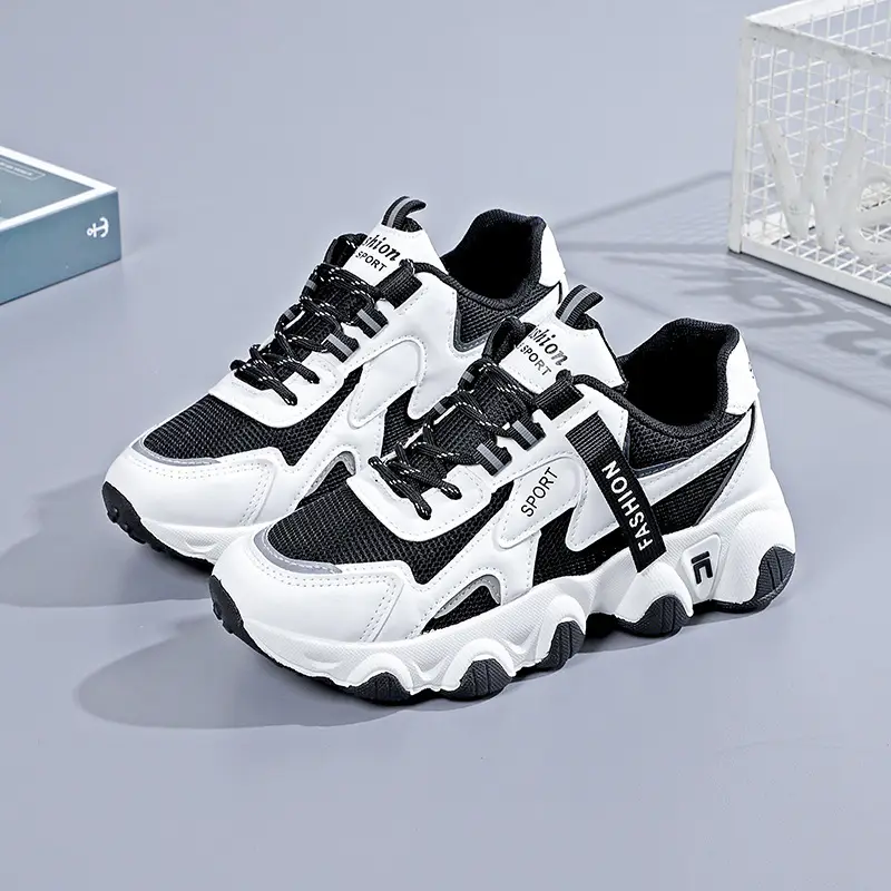 2025 Women's Black White Mesh Running Sneakers with Thick Sole - Image 3