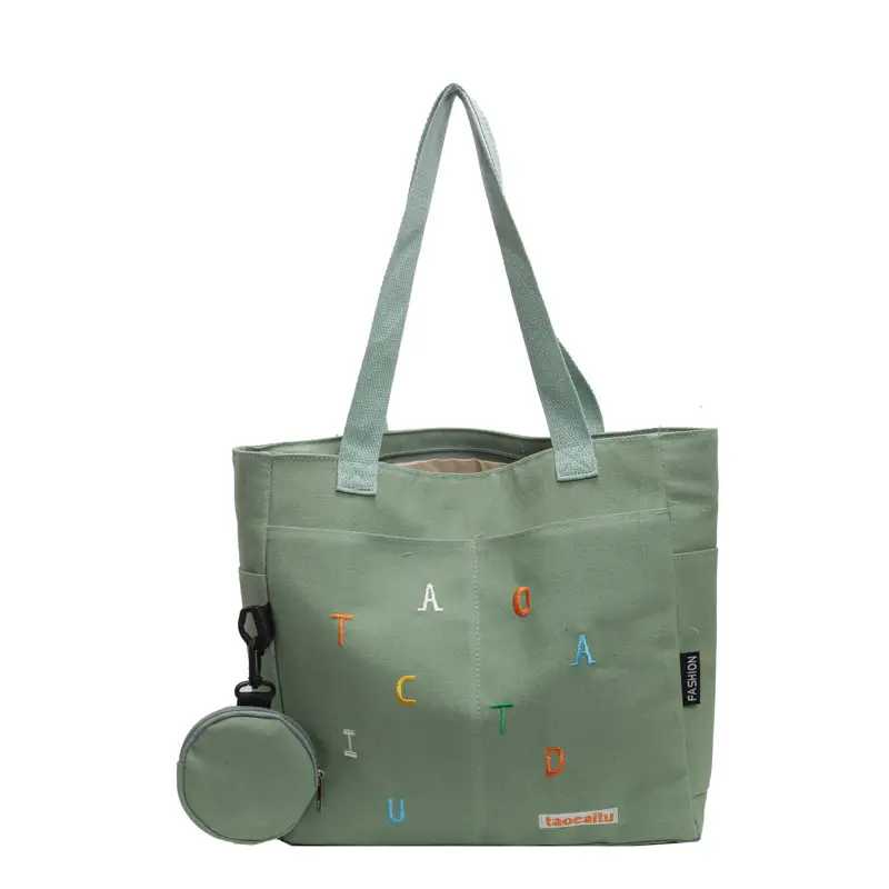 Women Embroidered Canvas Shoulder Bag Green New Fashion - Image 2