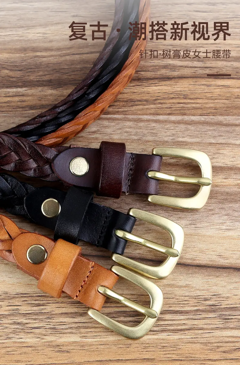 Braided Leather Belt with Vintage Pin Buckle for Women — feature 4