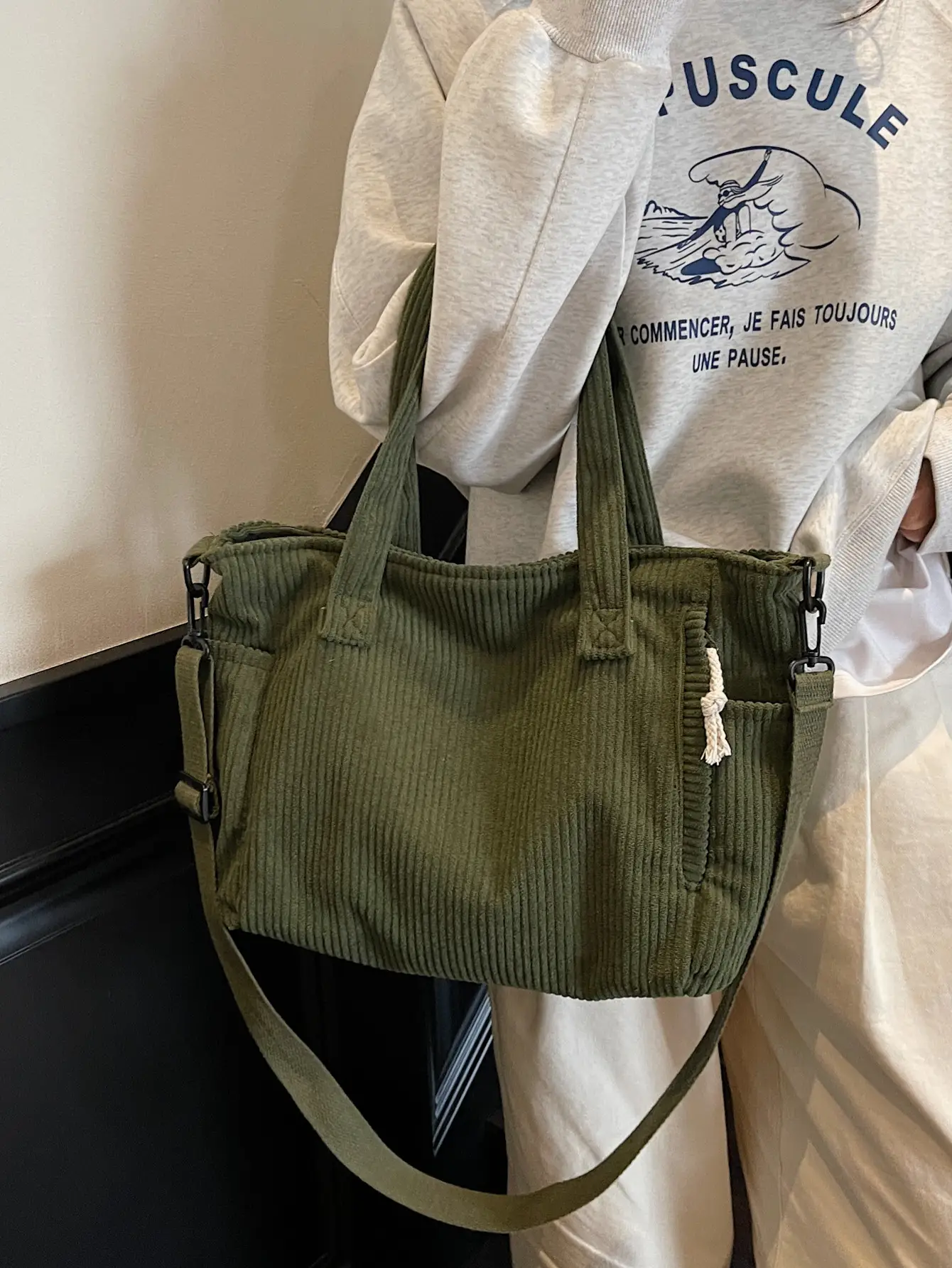 Olive Green Corduroy Women's Commuter Tote Bag Large Capacity