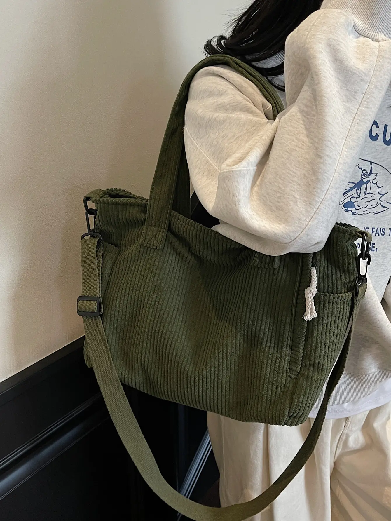 Olive Green Corduroy Women's Commuter Tote Bag Large Capacity