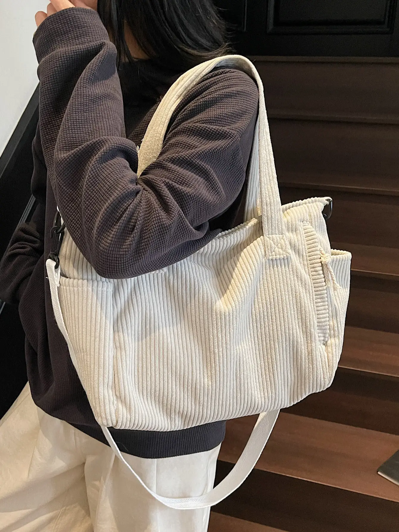 Olive Green Corduroy Women's Commuter Tote Bag Large Capacity