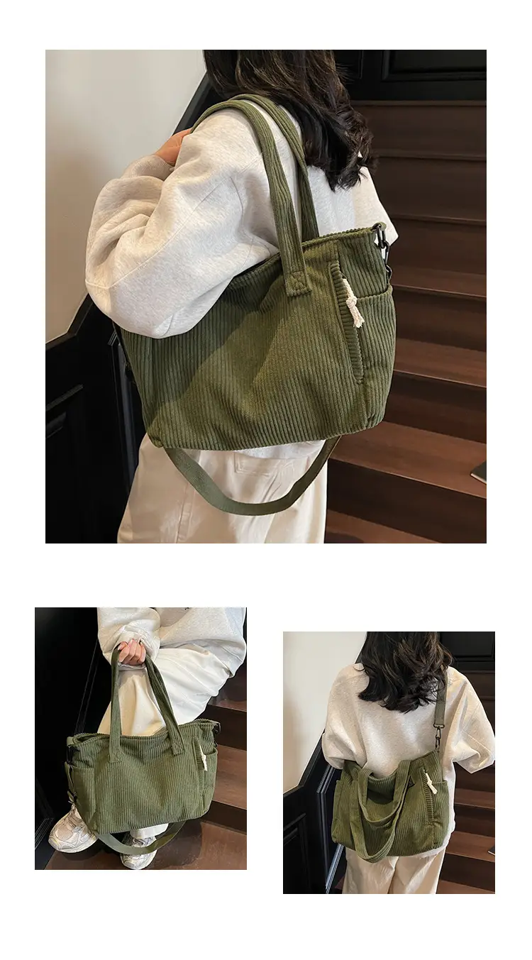 Olive Green Corduroy Women's Commuter Tote Bag Large Capacity — feature 14