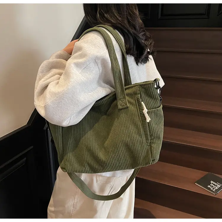 Olive Green Corduroy Women's Commuter Tote Bag Large Capacity — feature 21
