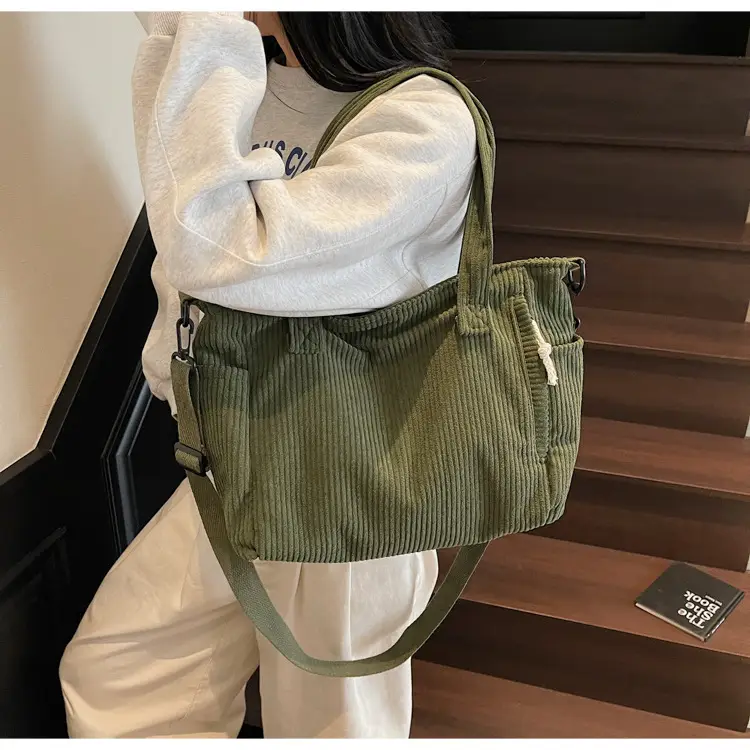 Olive Green Corduroy Women's Commuter Tote Bag Large Capacity — feature 23