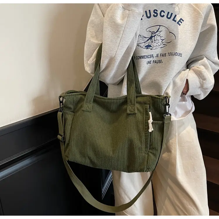 Olive Green Corduroy Women's Commuter Tote Bag Large Capacity — feature 24
