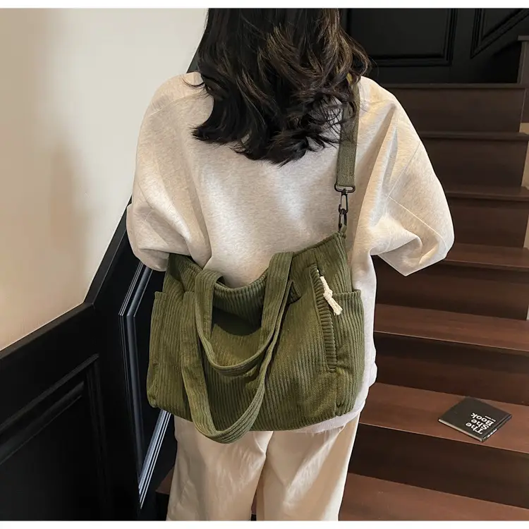 Olive Green Corduroy Women's Commuter Tote Bag Large Capacity — feature 25