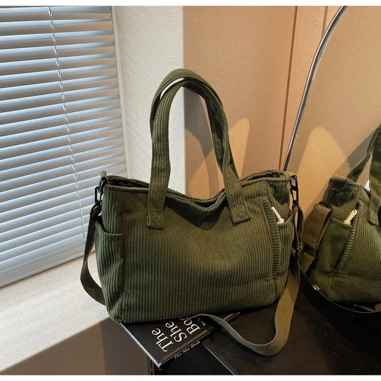 Olive Green Corduroy Women's Commuter Tote Bag Large Capacity — feature 26