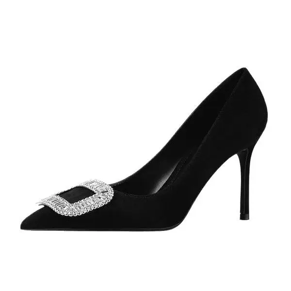 French Suede Pointed Toe Stiletto High Heels Spring and Autumn Rhinestone Square Buckle Non-Tiring Shoes Light Luxury Daily Banquet Shoes for Women