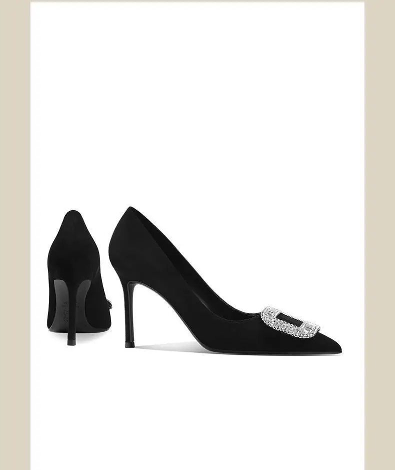 French Suede Pointed Toe Stiletto High Heels Spring and Autumn Rhinestone Square Buckle Non-Tiring Shoes Light Luxury Daily Banquet Shoes for Women — feature 10