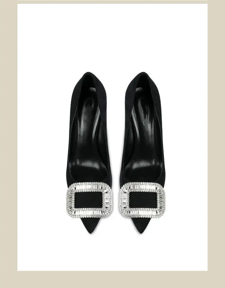 French Suede Pointed Toe Stiletto High Heels Spring and Autumn Rhinestone Square Buckle Non-Tiring Shoes Light Luxury Daily Banquet Shoes for Women — feature 11