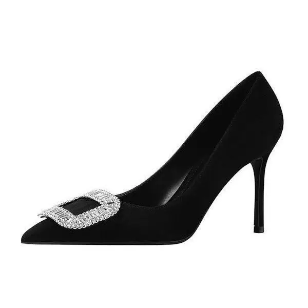 French Suede Pointed Toe Stiletto High Heels Spring and Autumn Rhinestone Square Buckle Non-Tiring Shoes Light Luxury Daily Banquet Shoes for Women — feature 3