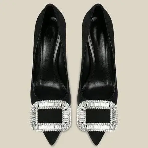 French Suede Pointed Toe Stiletto High Heels Spring and Autumn Rhinestone Square Buckle Non-Tiring Shoes Light Luxury Daily Banquet Shoes for Women — feature 4