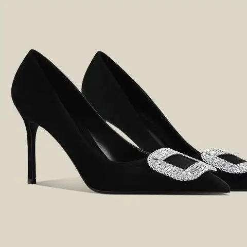 French Suede Pointed Toe Stiletto High Heels Spring and Autumn Rhinestone Square Buckle Non-Tiring Shoes Light Luxury Daily Banquet Shoes for Women — feature 5