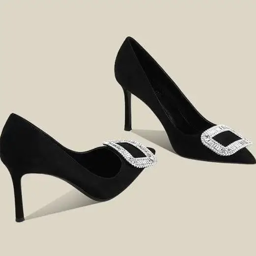French Suede Pointed Toe Stiletto High Heels Spring and Autumn Rhinestone Square Buckle Non-Tiring Shoes Light Luxury Daily Banquet Shoes for Women — feature 6