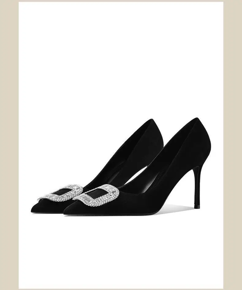 French Suede Pointed Toe Stiletto High Heels Spring and Autumn Rhinestone Square Buckle Non-Tiring Shoes Light Luxury Daily Banquet Shoes for Women — feature 7