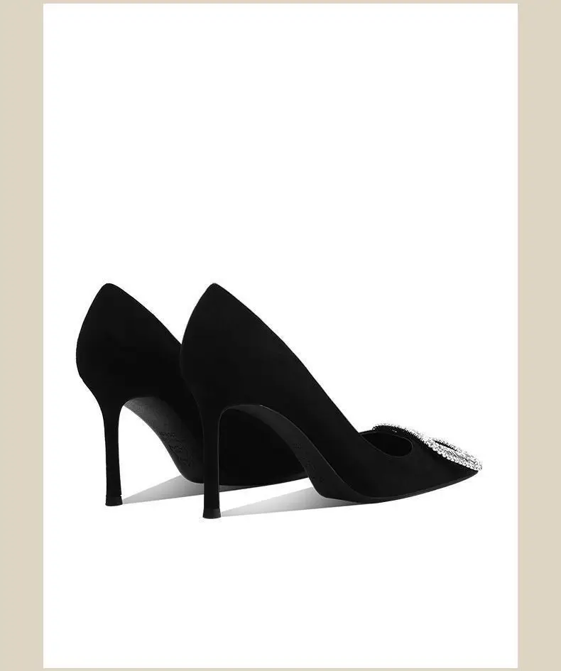 French Suede Pointed Toe Stiletto High Heels Spring and Autumn Rhinestone Square Buckle Non-Tiring Shoes Light Luxury Daily Banquet Shoes for Women — feature 8