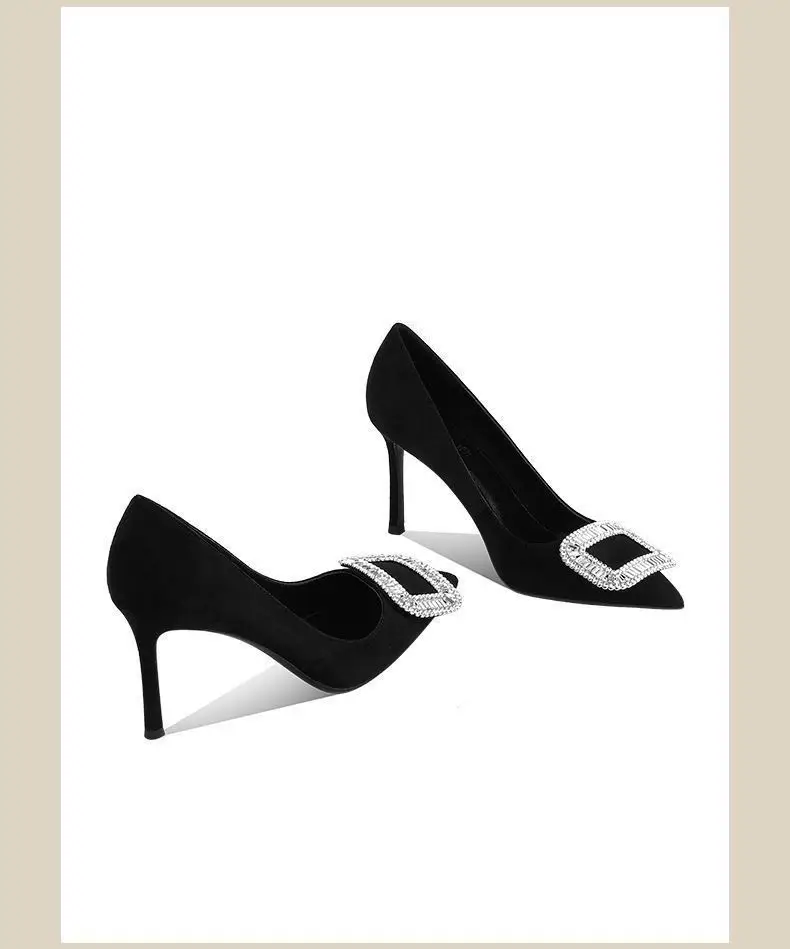 French Suede Pointed Toe Stiletto High Heels Spring and Autumn Rhinestone Square Buckle Non-Tiring Shoes Light Luxury Daily Banquet Shoes for Women — feature 9