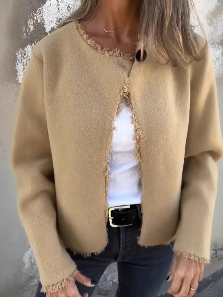 Women Woolen Crewneck Jacket Beige Long Sleeve - Image 5