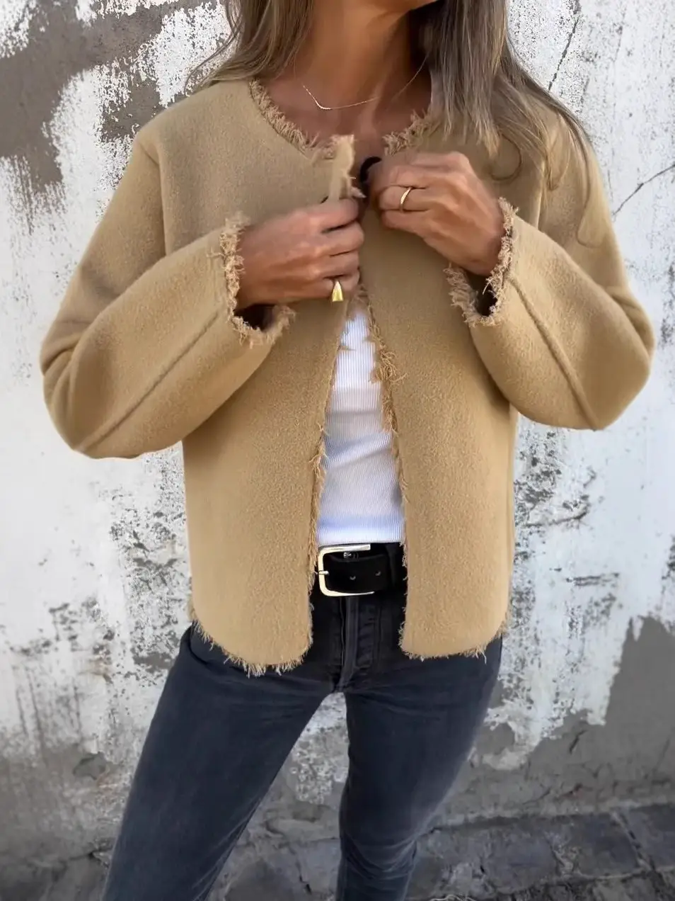 Women Woolen Crewneck Jacket Beige Long Sleeve - Image 6