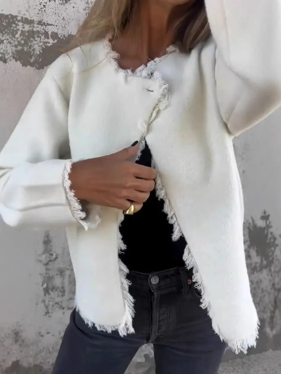 Women Woolen Crewneck Jacket Beige Long Sleeve - Image 7