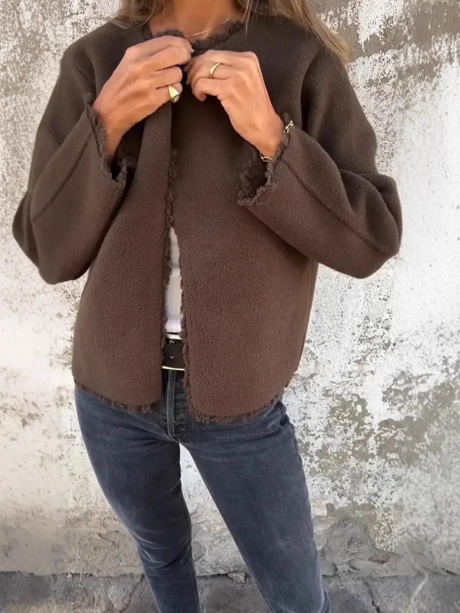 Women Woolen Crewneck Jacket Beige Long Sleeve - Image 8