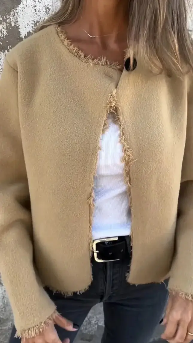 Women Woolen Crewneck Jacket Beige Long Sleeve — feature 2