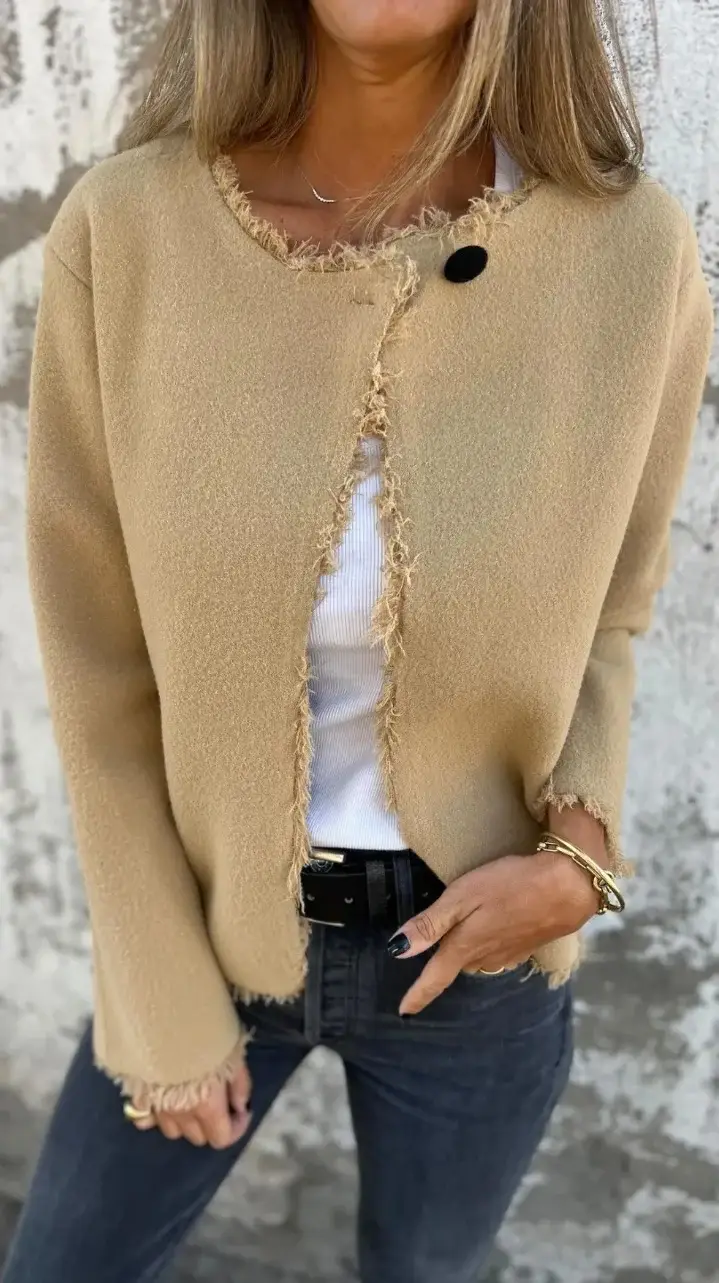 Women Woolen Crewneck Jacket Beige Long Sleeve — feature 4