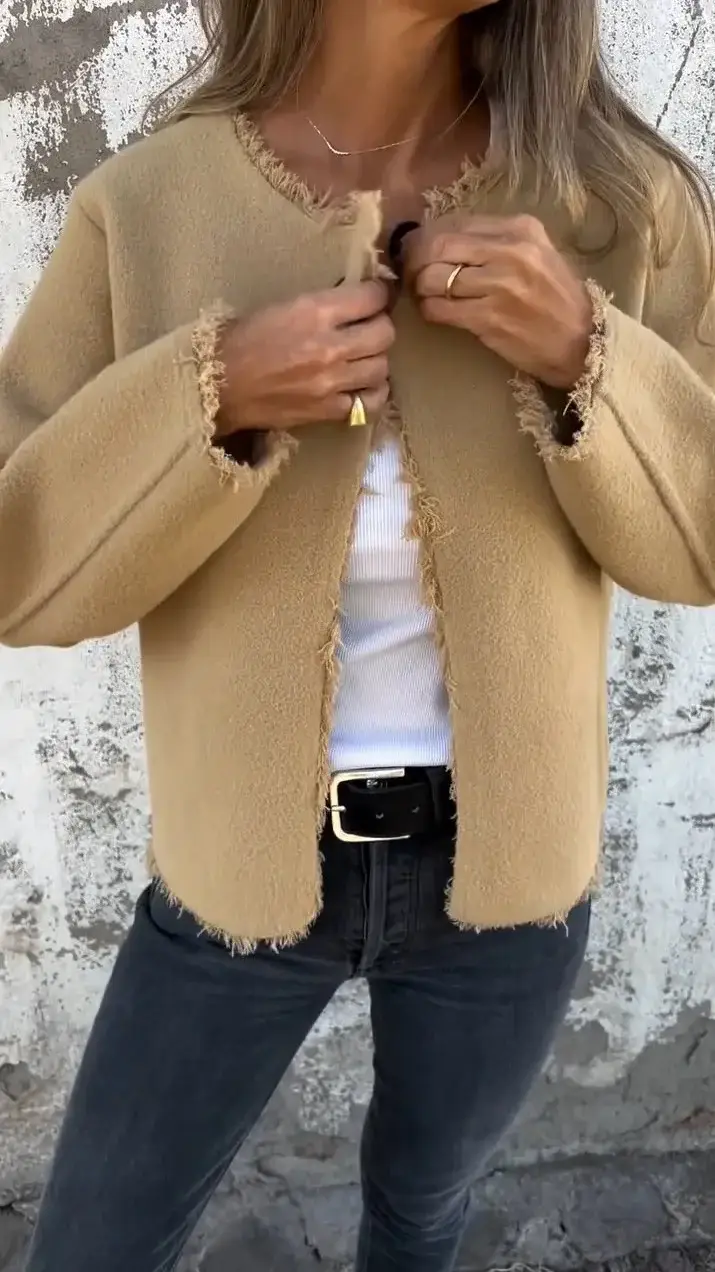 Women Woolen Crewneck Jacket Beige Long Sleeve — feature 5